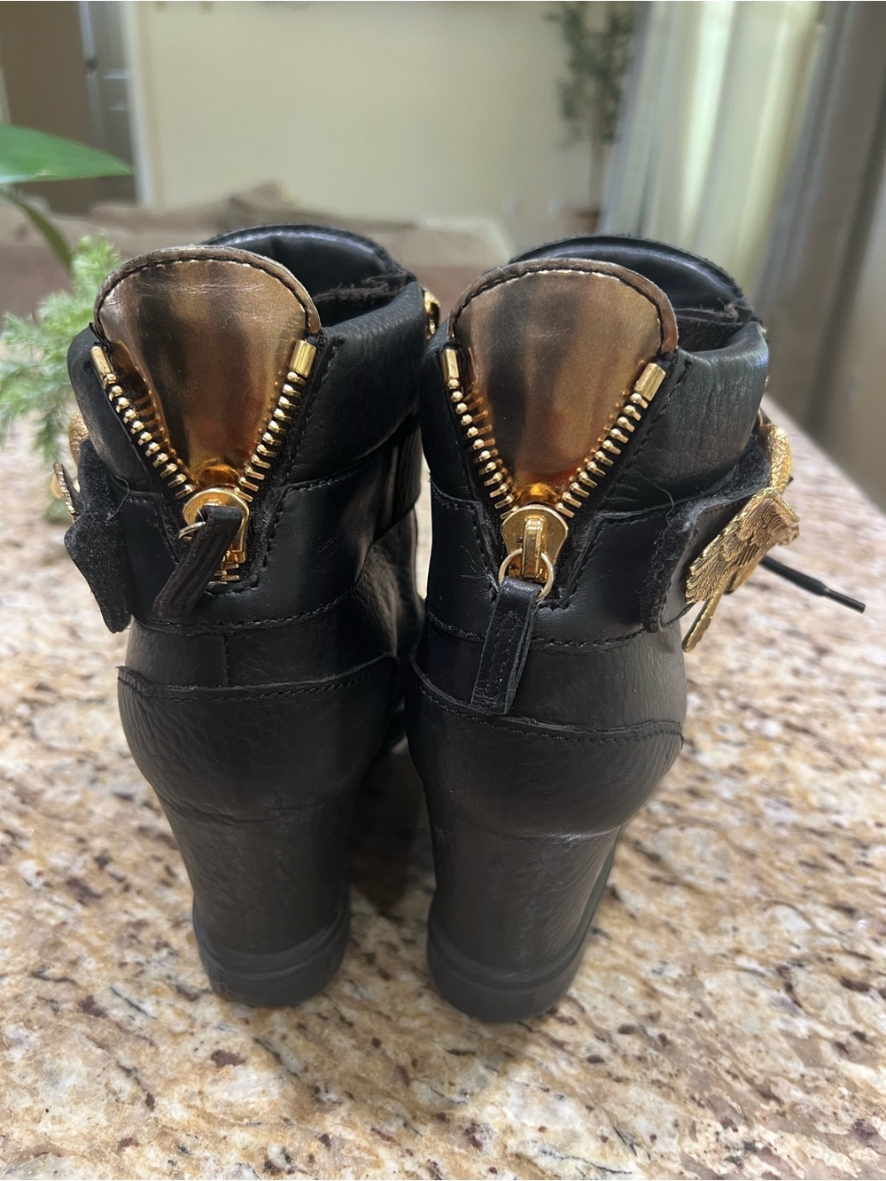 Giuseppe Zanotti Black Wedge Lace-Up Ankle Sneakers with Gold Eagle Emblem 40 - Picture 7 of 11